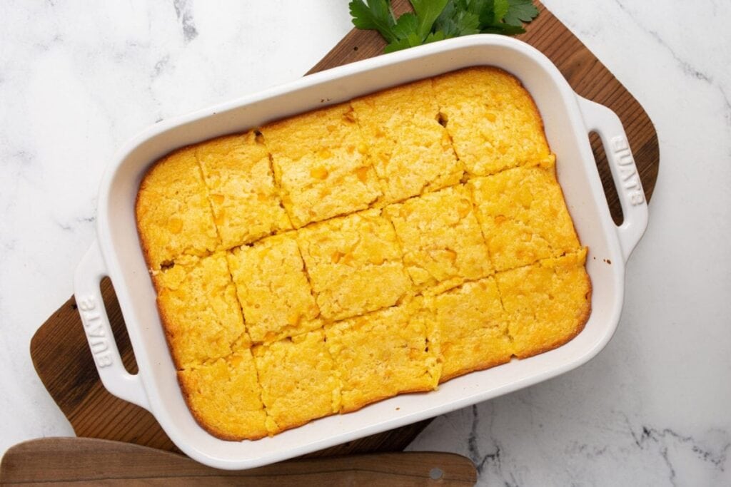 Corn casserole in a baking dish.
