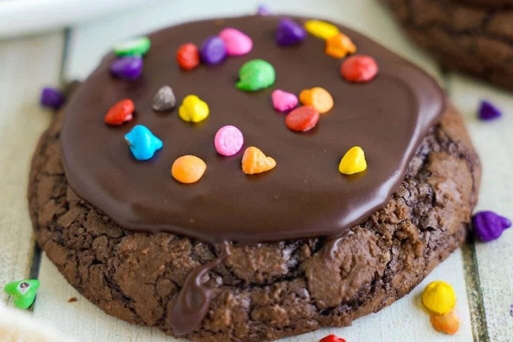 Cosmic brownie cookie on a table.