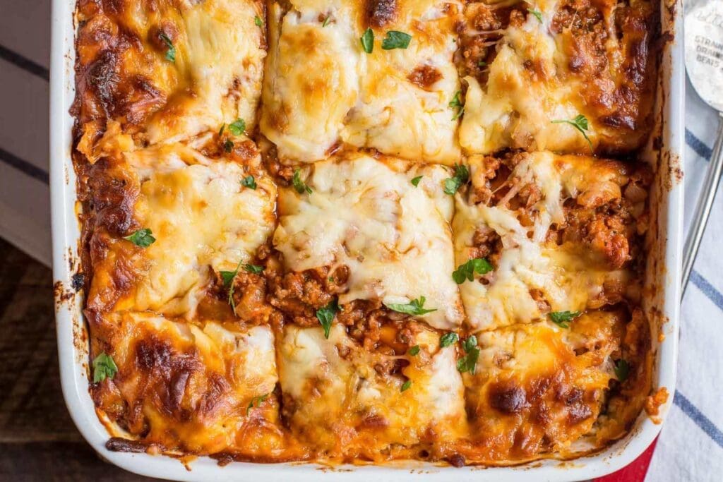 Cottage cheese lasagna in a baking dish.