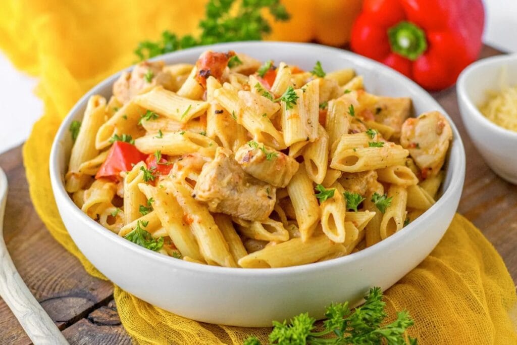 Crock pot Cajun chicken pasta in a bowl.