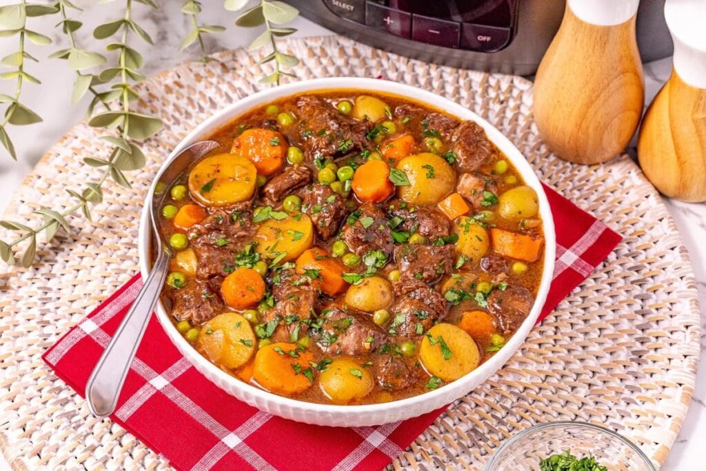 Crockpot beef stew in a bowl.