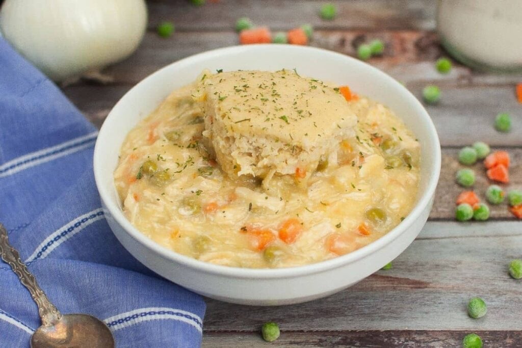 Crockpot chicken and dumplings in a bowl.