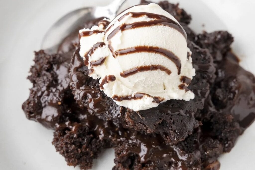 Crockpot chocolate lava cake on a plate.