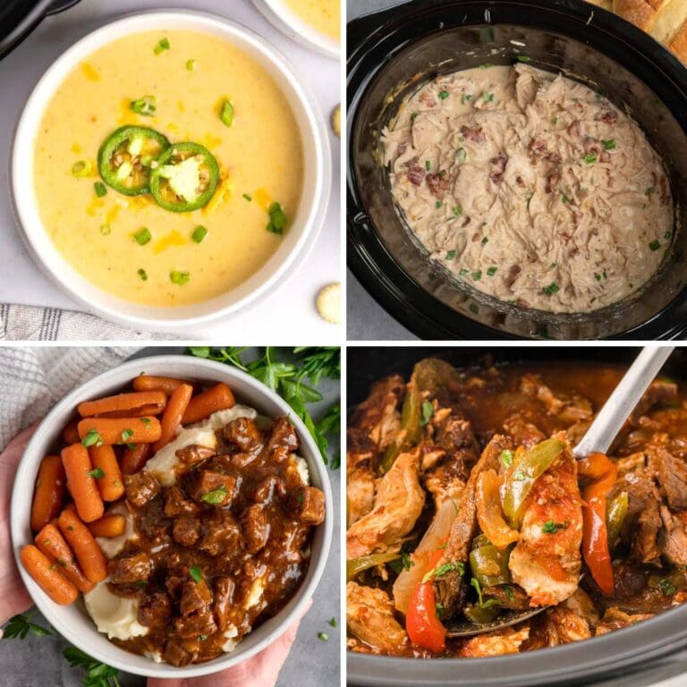 Collage of crockpot dinners.