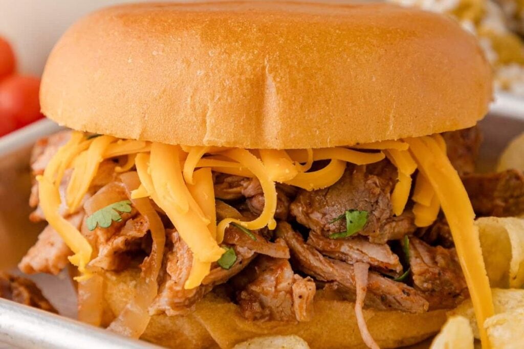 A close up shot of pulled pork loin.