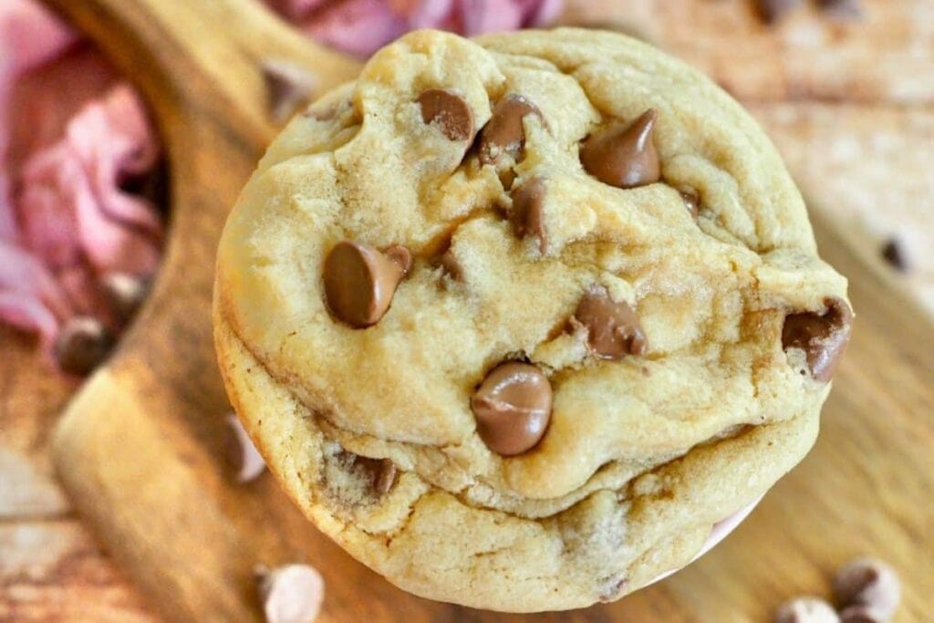 Close-up of Crumbl chocolate chip cookie.