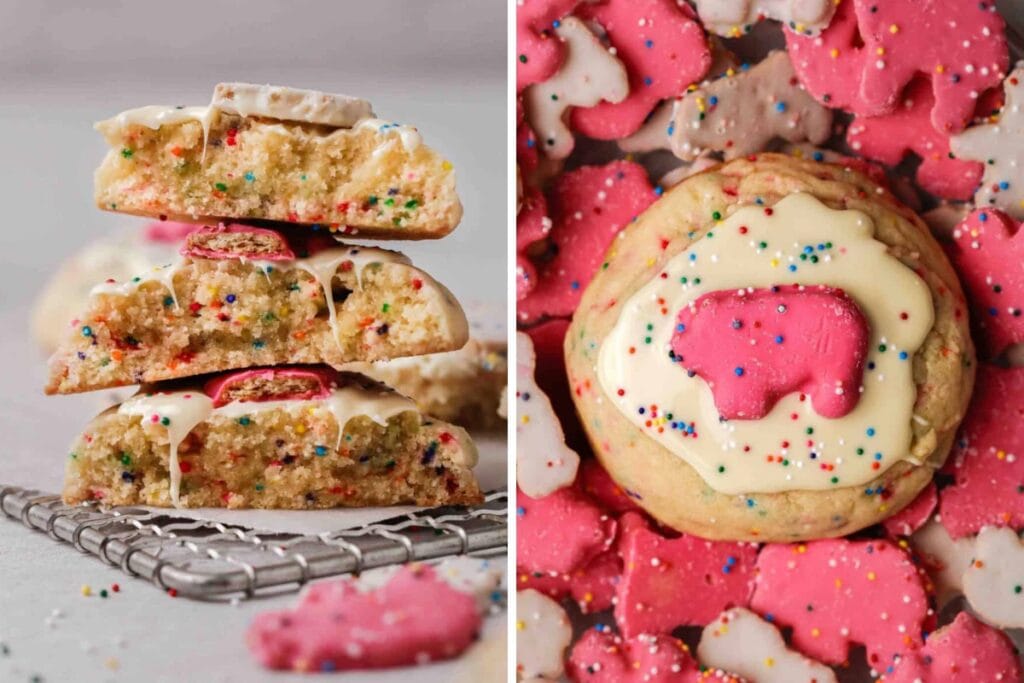 Collage of crumbl circus animal sugar cookies.