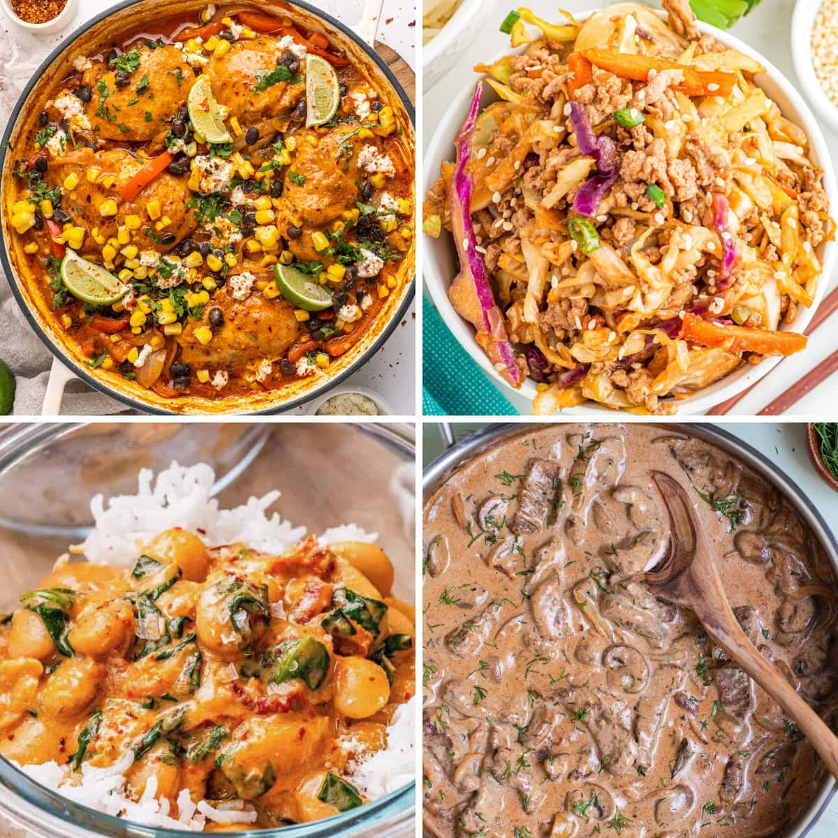 Chicken and dumplings in a bowl. collage of Dinners I Make Almost Every Week Collage of dinners I make almost every week.