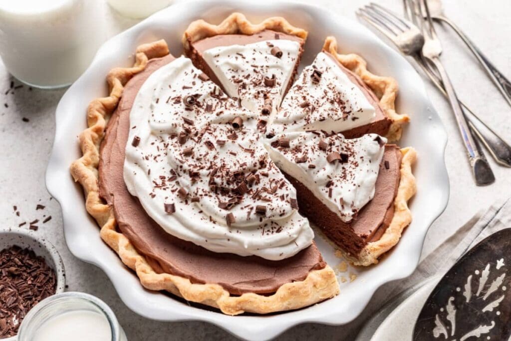 French silk pie slice on a plate.