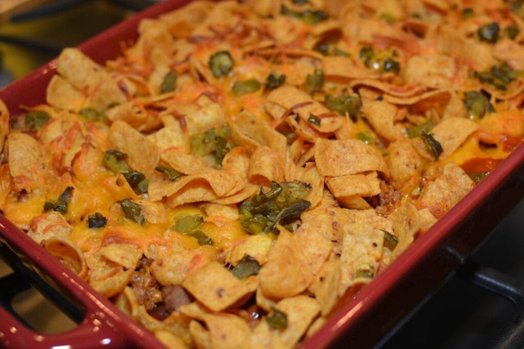 Frito pie casserole in a baking dish.