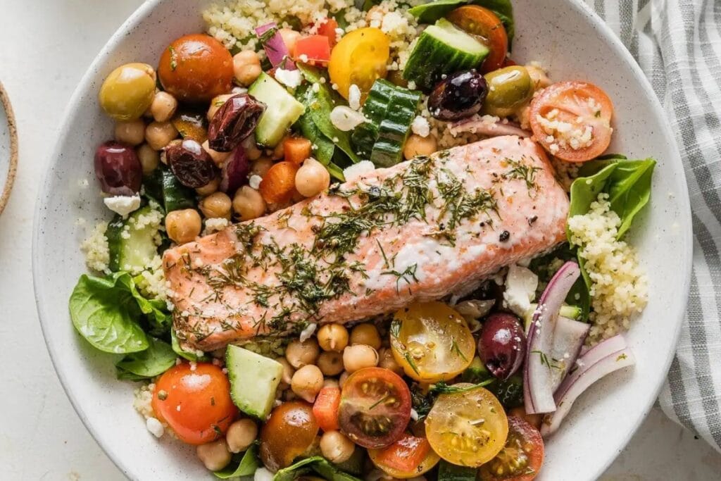 Greek salmon grain in a bowl.
