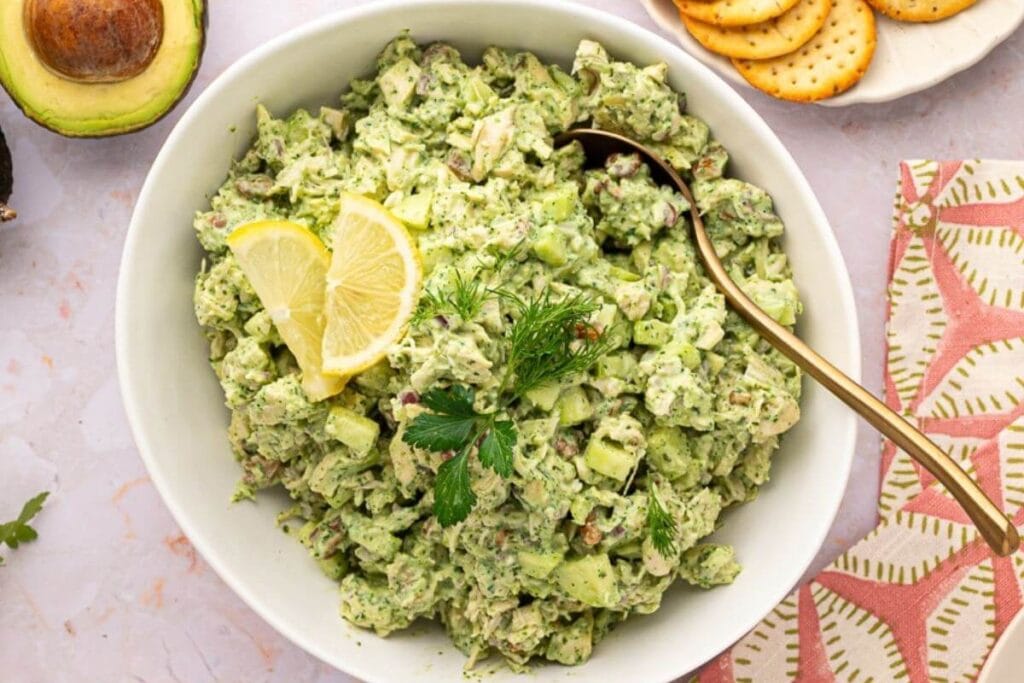 Green goddess chicken salad in a bowl.