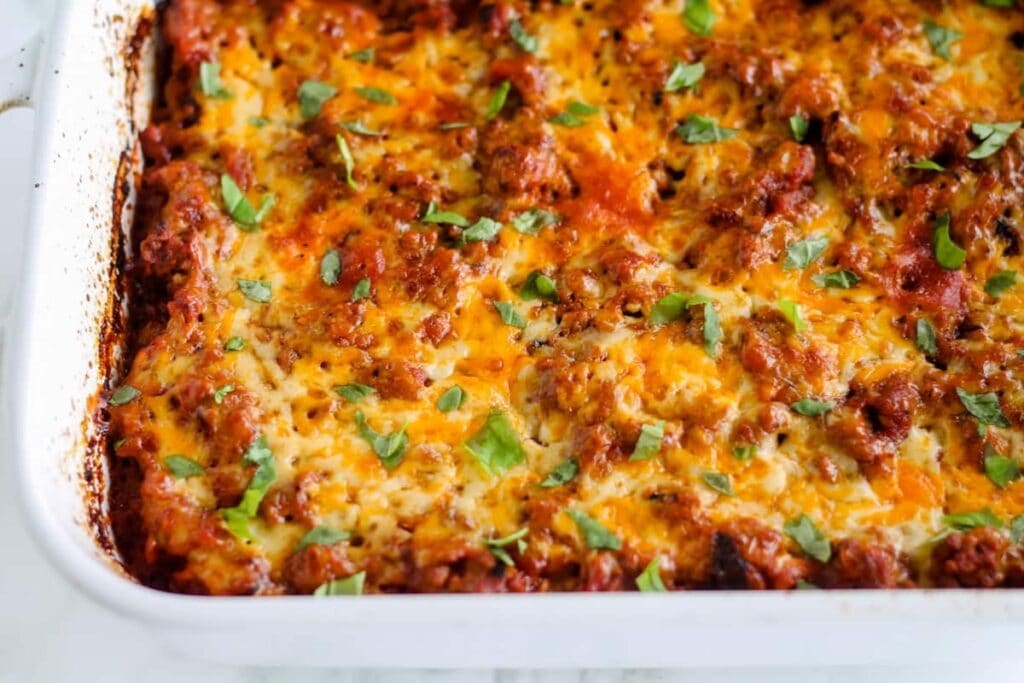 Ground beef casserole in a baking dish.