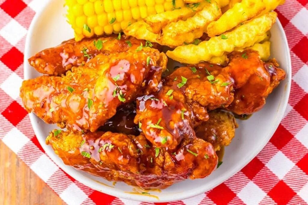 Honey chipotle chicken crispers on a plate.