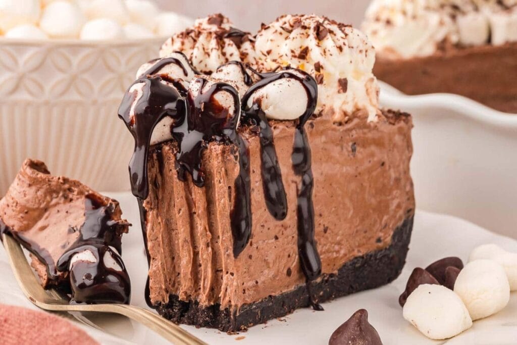 Slice of hot chocolate pie on a plate.