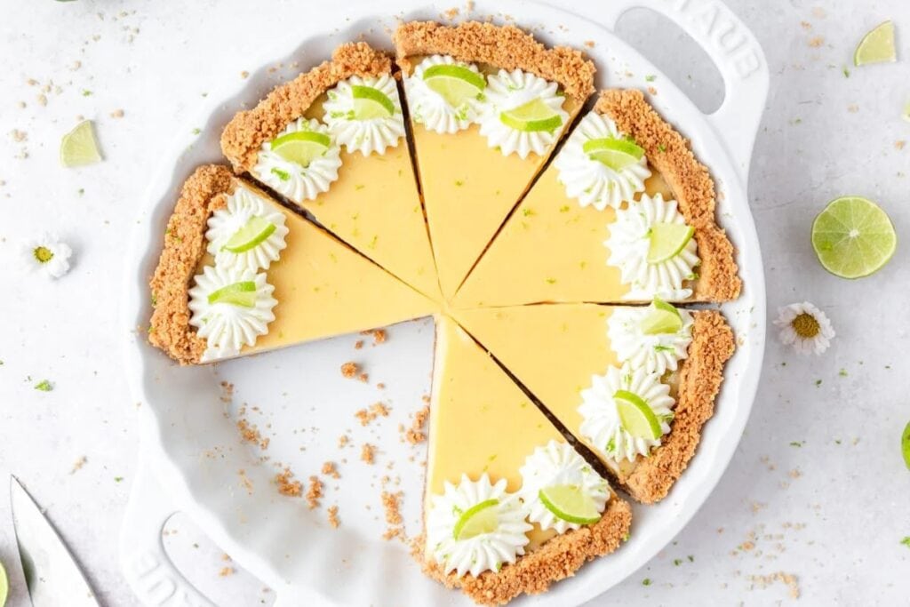 Key lime pie on a plate.