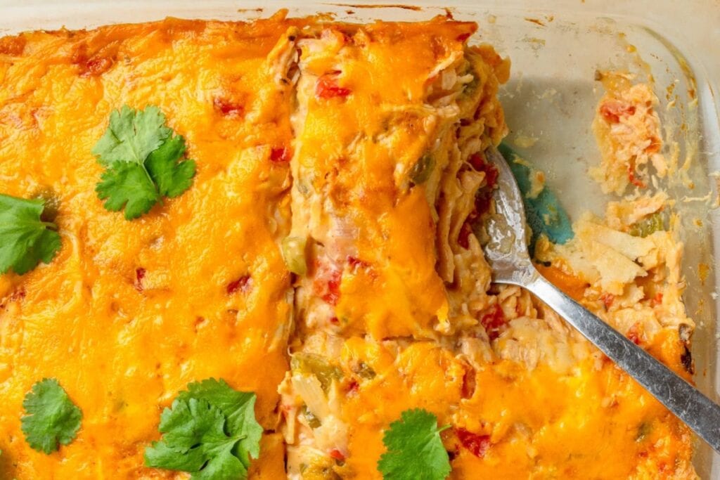 King Ranch chicken casserole in a glass baking dish.