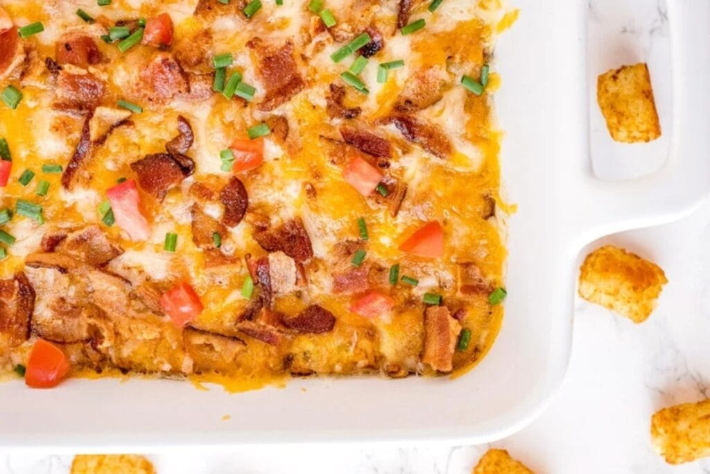 Loaded tater tot breakfast casserole in a baking dish.