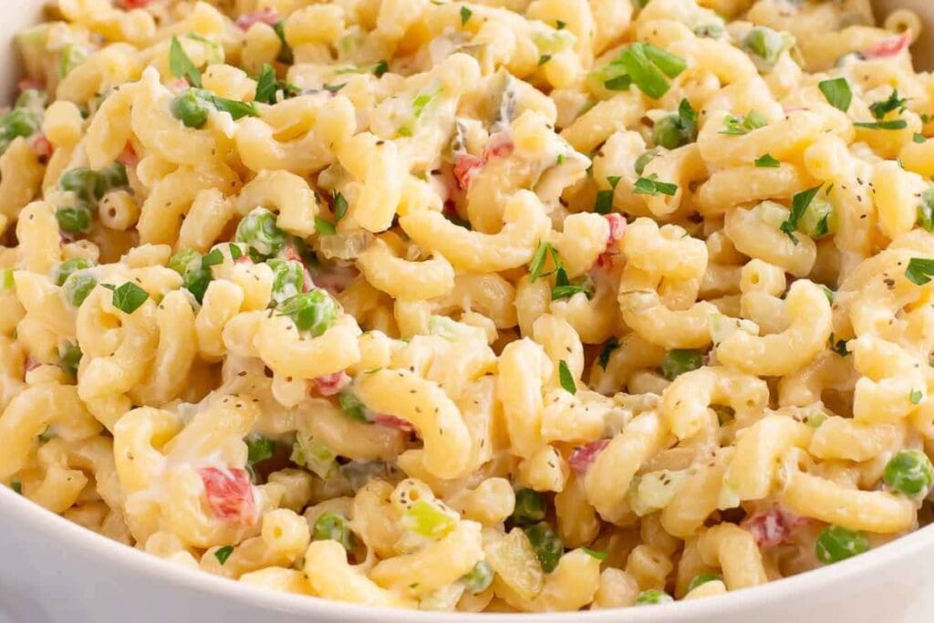 Macaroni salad in a bowl.