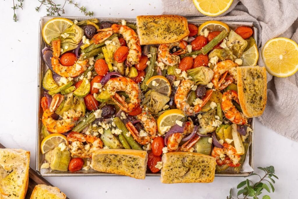 Mediterranean shrimp on a sheet pan.
