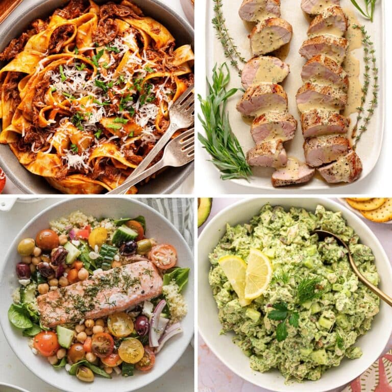 Collage of pasta, pork, salmon, and chicken salad recipes.