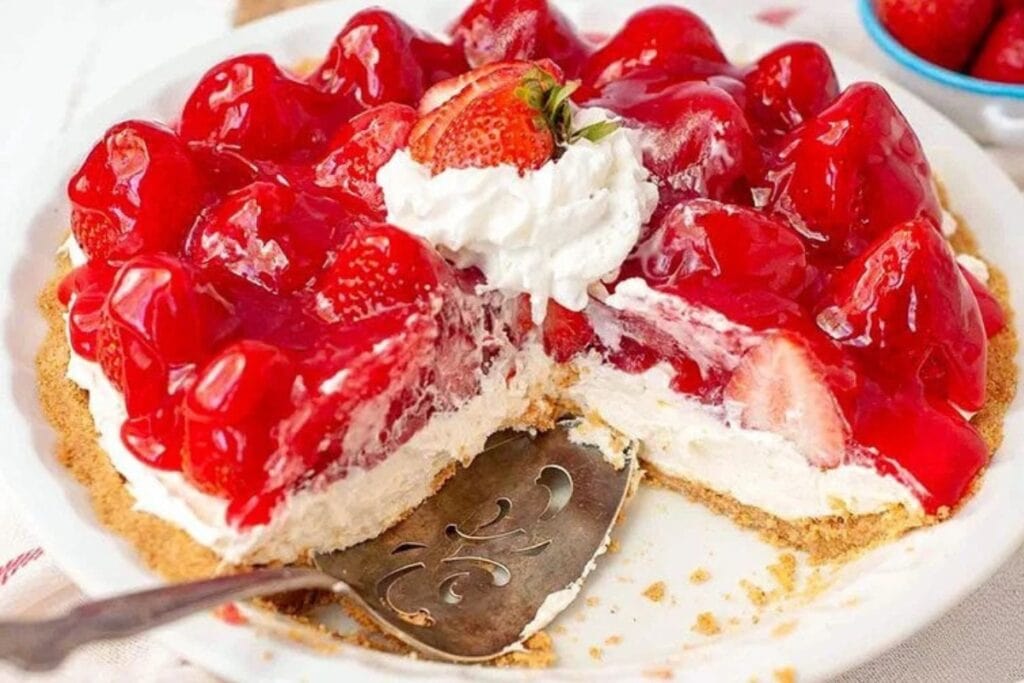 No bake strawberry cheesecake on a plate.