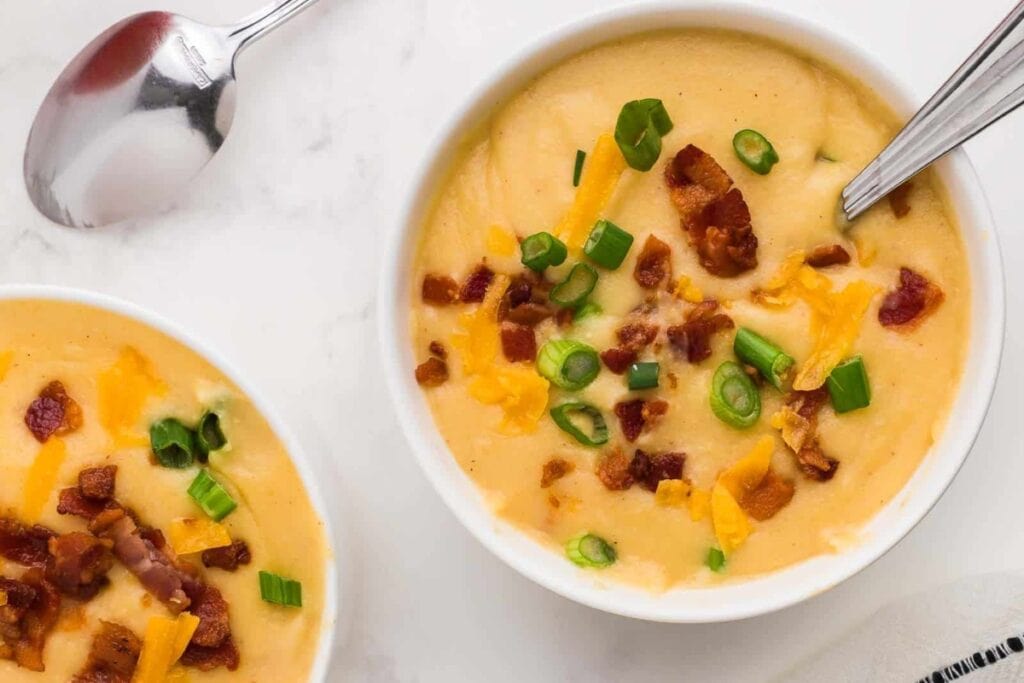 Old fashioned potato soup in a bowl.