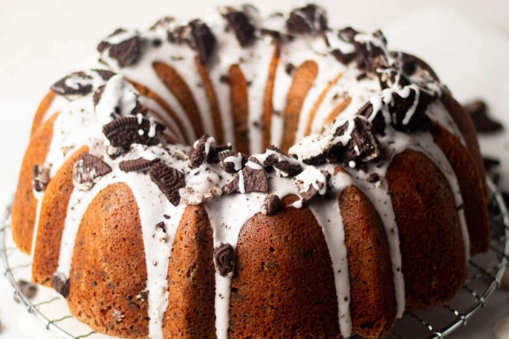 Oreo pound cake on a cooling  rack.