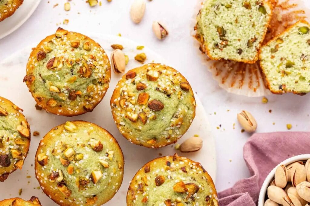 Pistachio muffins on a white table.