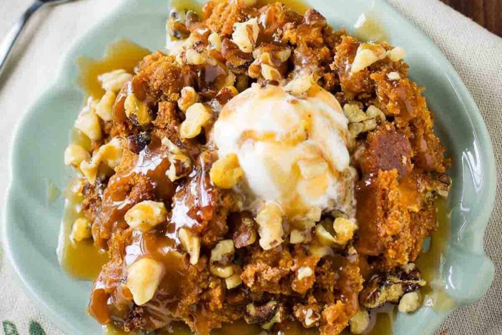 Pumpkin dump cake on a plate.
