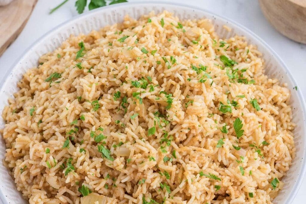 Seasoned rice in a bowl.