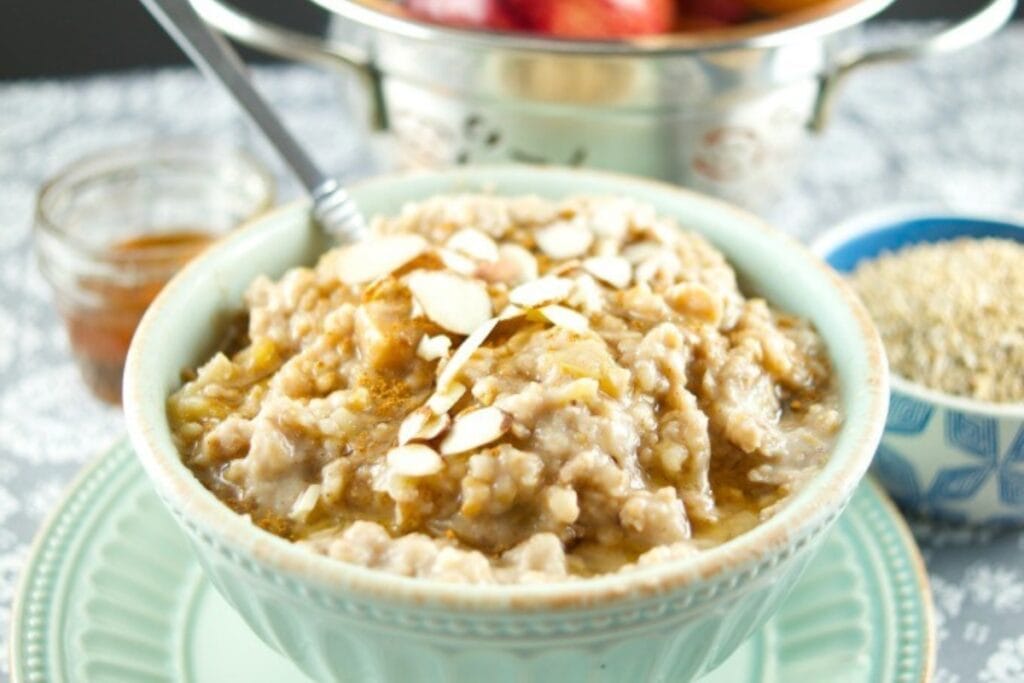 Slow cooker apple oatmeal in a bowl.