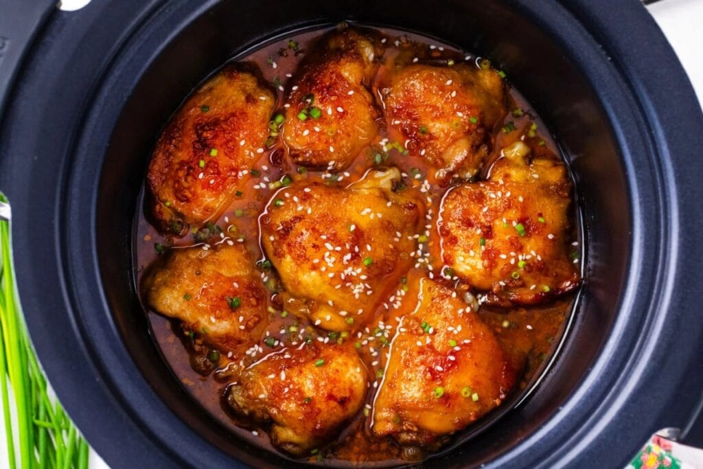 Brown sugar garlic chicken in a crockpot.