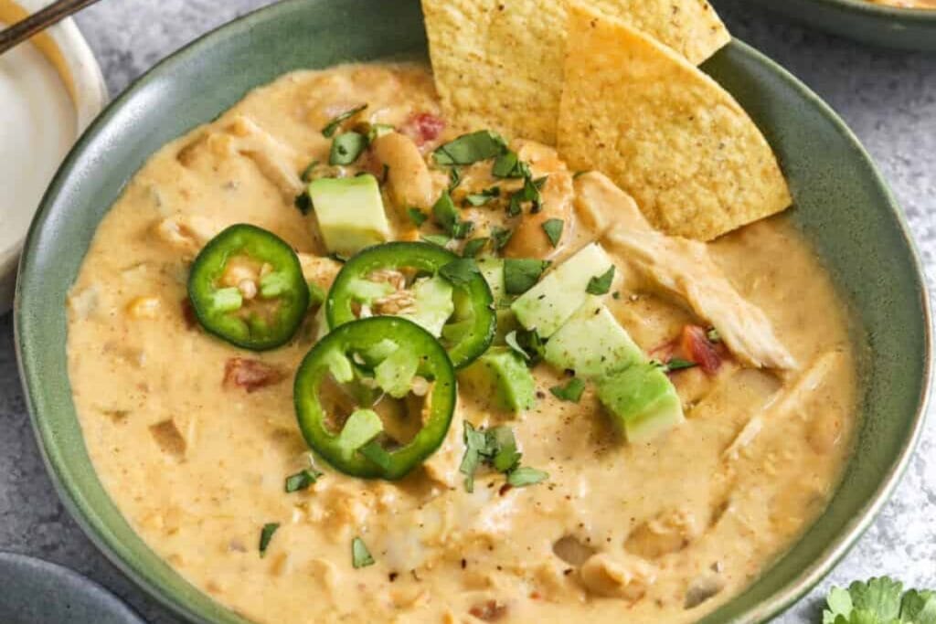 Bowl of slow cooker creamy white chicken chili.
