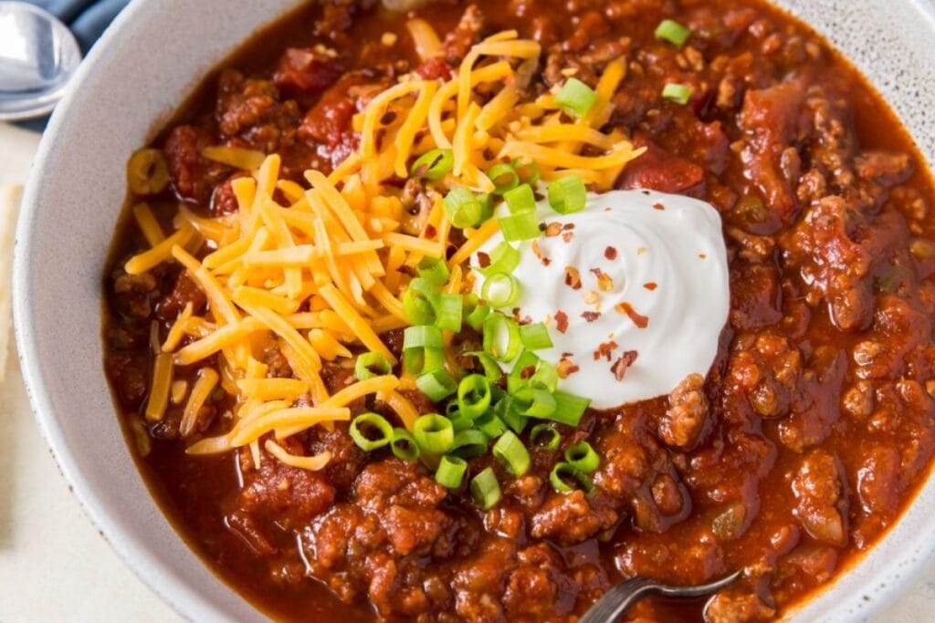 Slow cooker no bean chili in a bowl.