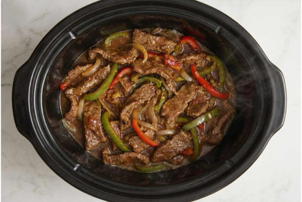 Pepper steak in a crockpot.