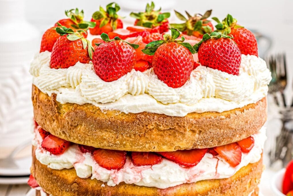Strawberry cream cake layered with fresh strawberries and whipped cream.
