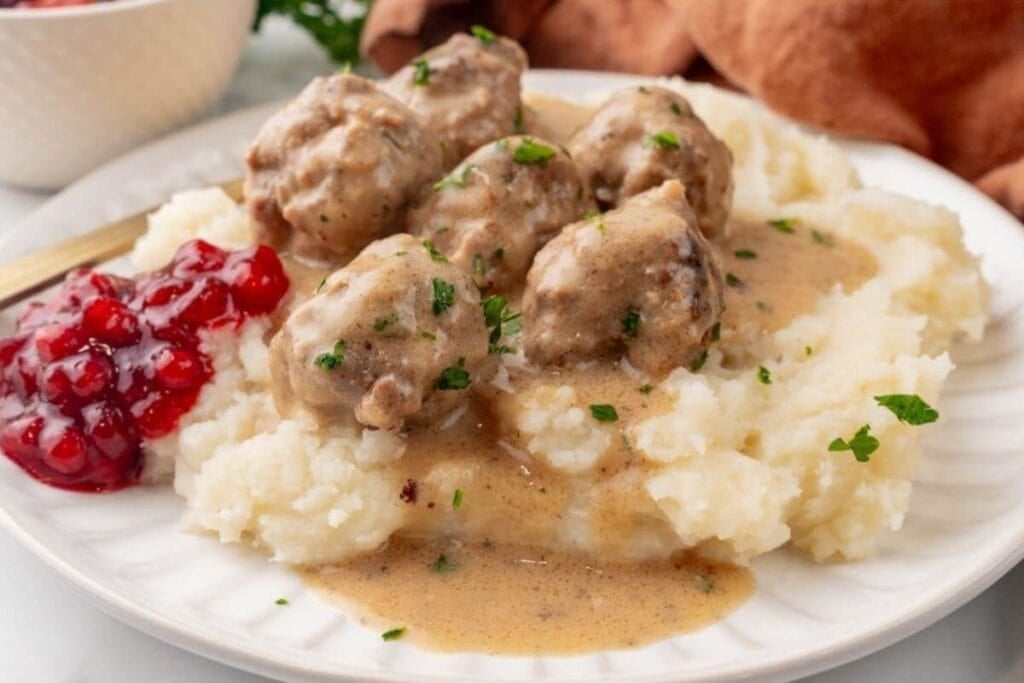 Swedish meatballs on a plate.