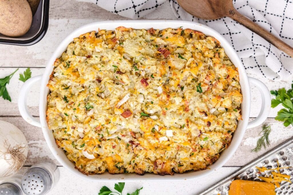 Twice baked potato casserole in a baking dish.