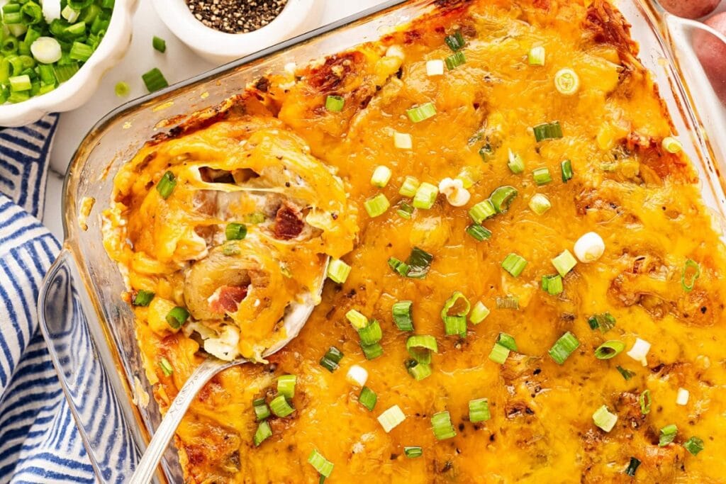 Twice baked potato casserole in a baking dish.