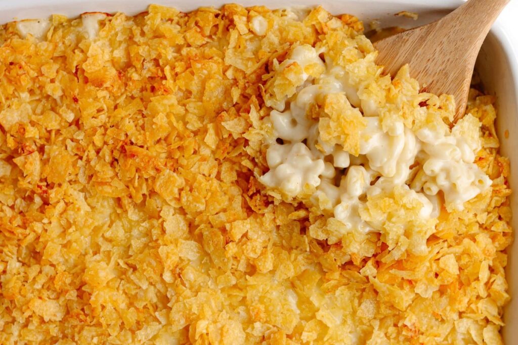 White cheddar mac and cheese in a baking dish.
