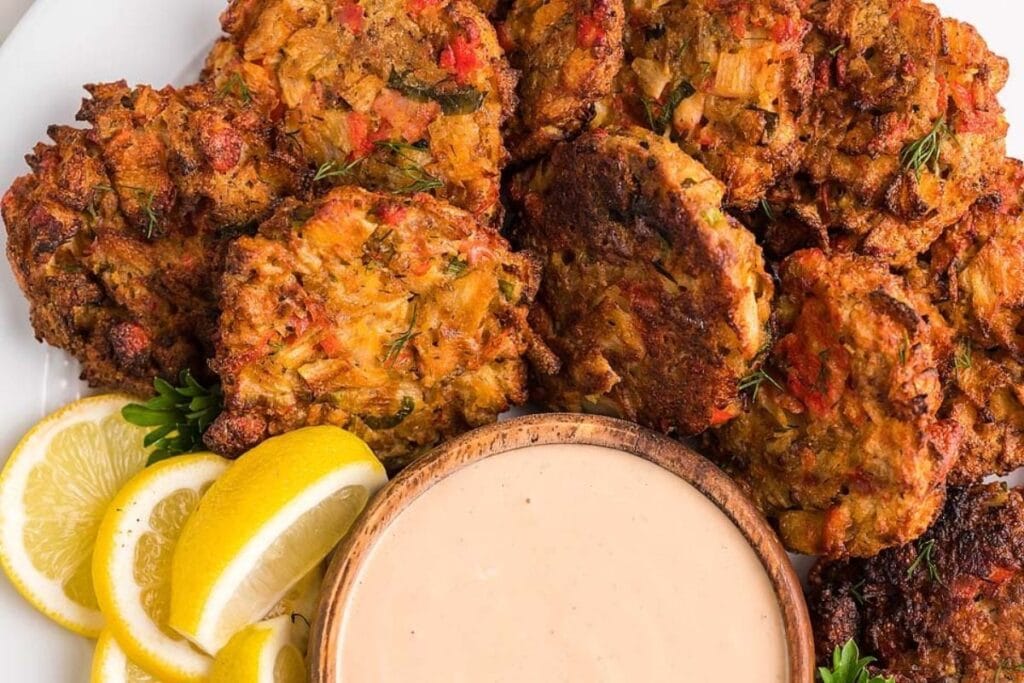 A close up shot of crab cakes.