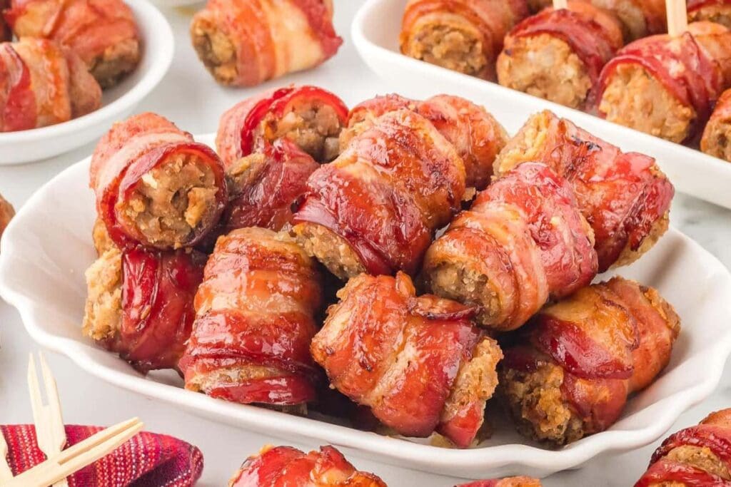 A close up shot of bacon stuffing rolls.