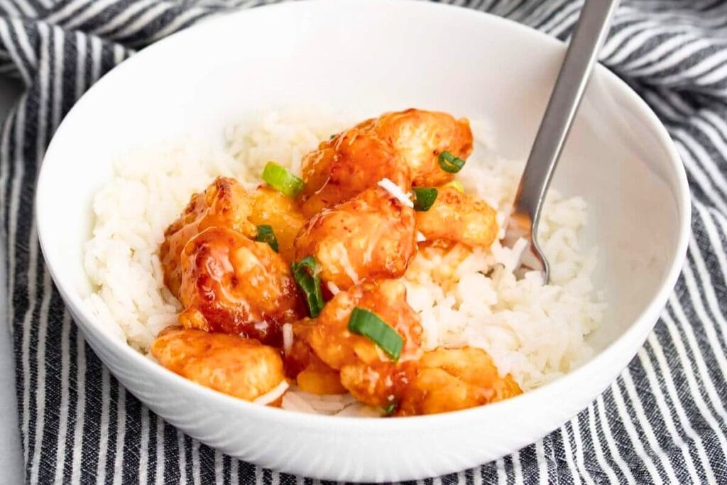 A close up shot of bang bang shrimp.