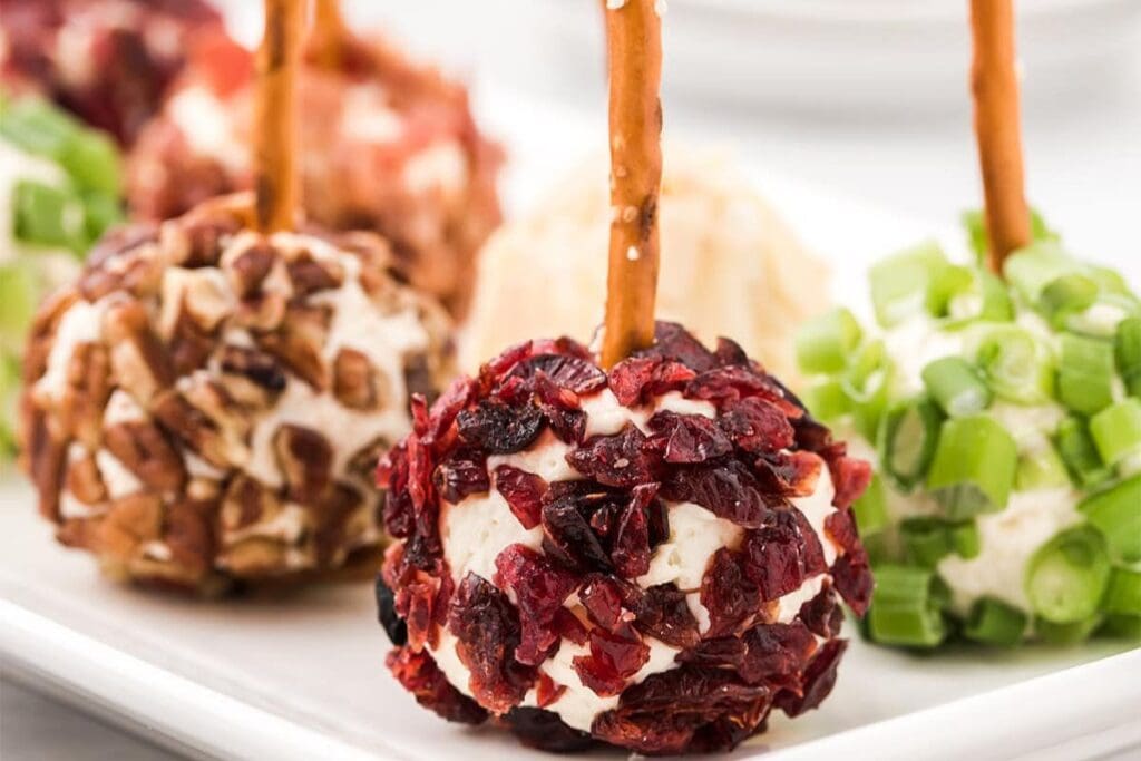 A close up shot of cheese ball bites.