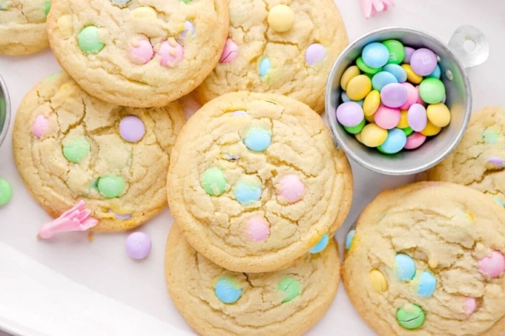 A close up shot of M&M sugar cookies.