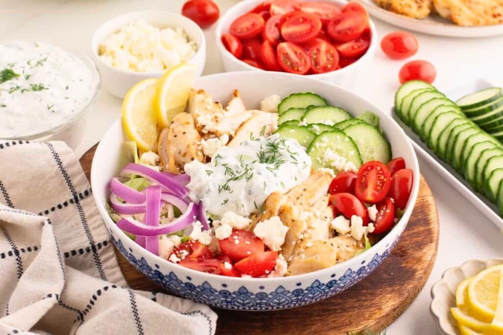 A close up shot of chicken gyros.