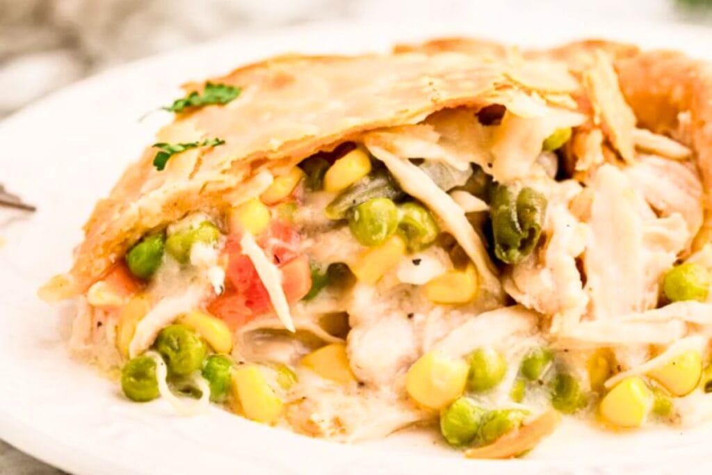 A close up shot of chicken pot pie.