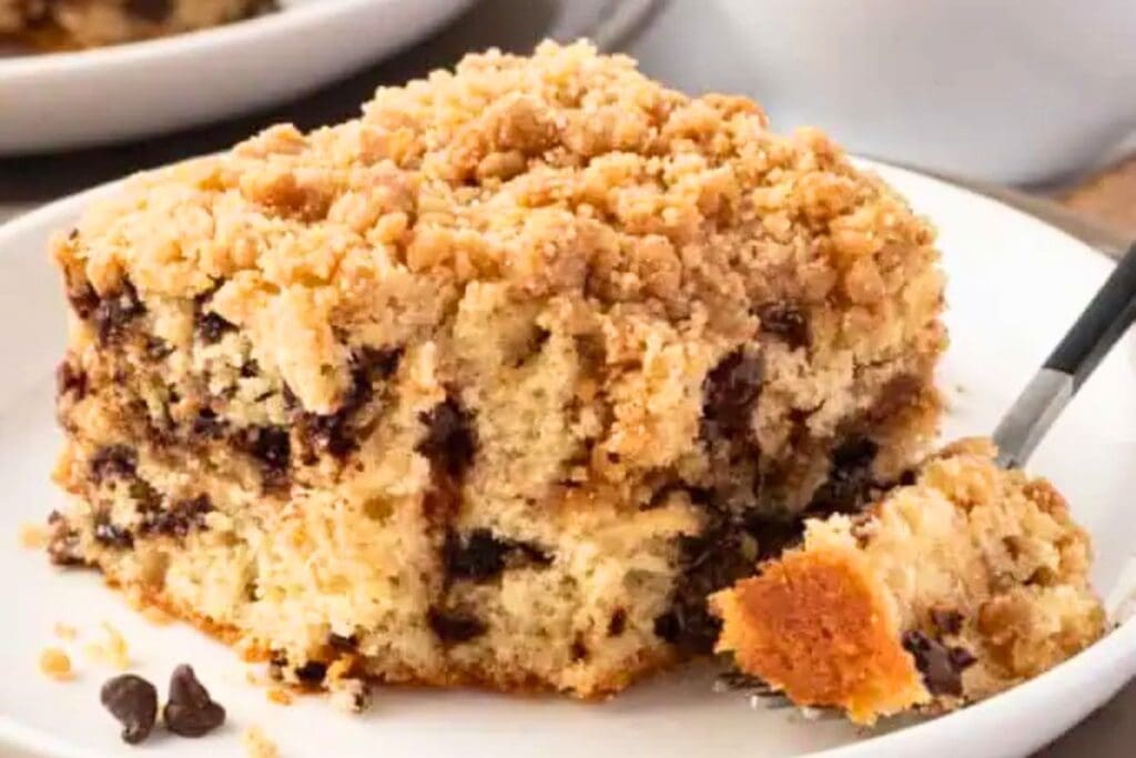 A close up shot of chocolate chip coffee cake.