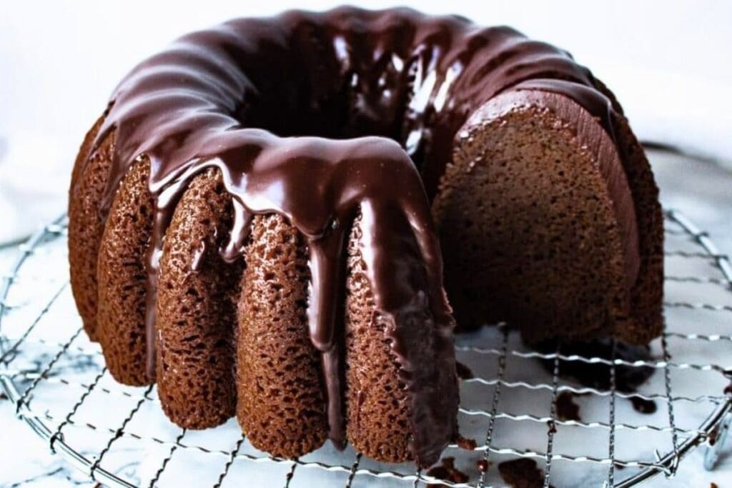 A close up shot of chocolate sour cream pound cake.